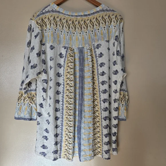 Lucky Brand Boho Paisley Floral Cream Button Down Top 3x Stretch Cottagecore NWT - Picture 3 of 10